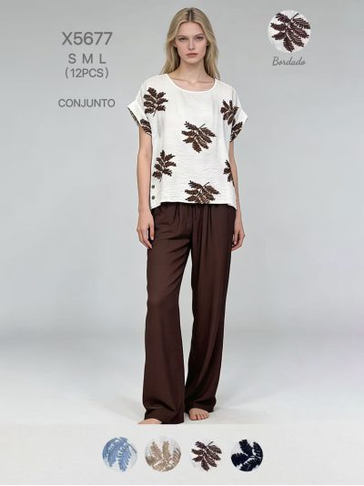 Conjunto de hojas bordadas: blousa y pantalón 2