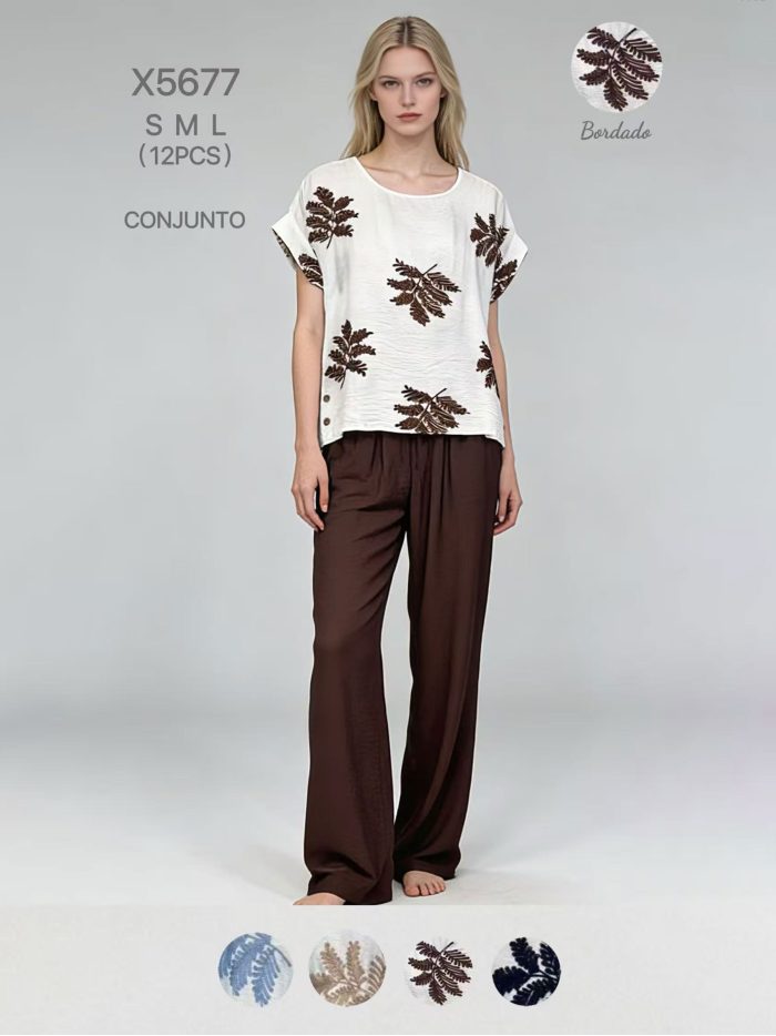 Conjunto bordado de folhas: blusa e calça