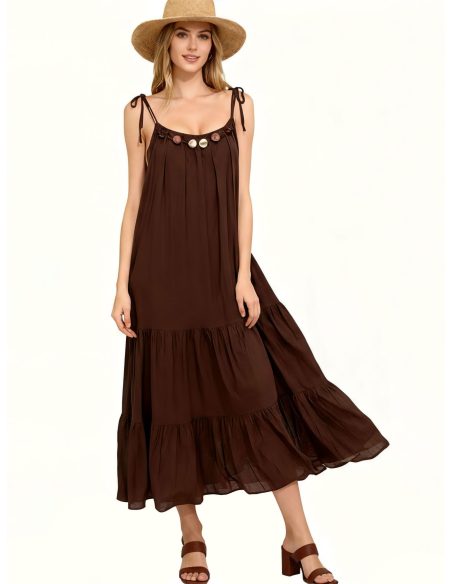 Vestido largo efecto lino volantes con abalorios y tirantes anudados