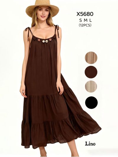 Vestido largo efecto lino volantes con abalorios y tirantes anudados 2