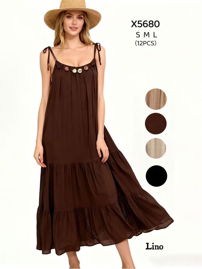 Vestido largo efecto lino volantes con abalorios y tirantes anudados