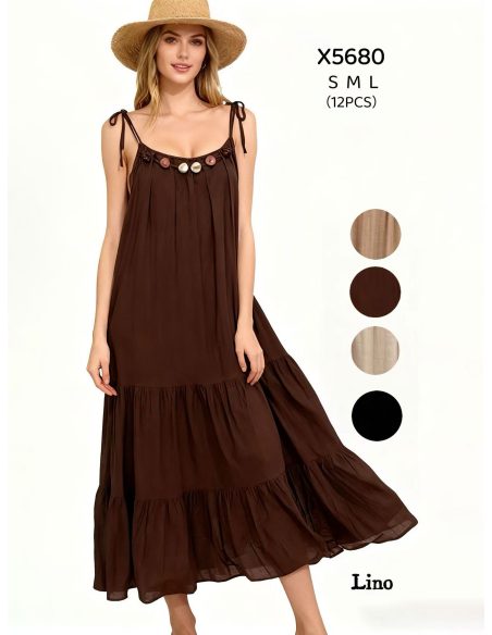 Vestido largo efecto lino volantes con abalorios y tirantes anudados