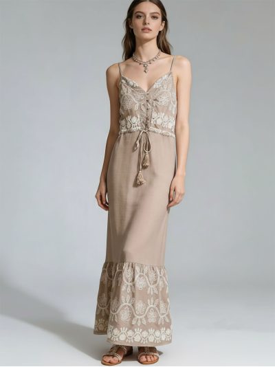 Vestido largo efecto lino bordado y cintura ajustable con borlas
