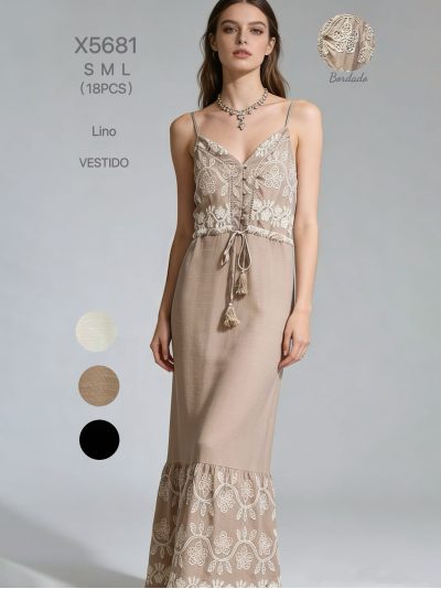Vestido largo efecto lino bordado y cintura ajustable con borlas 2