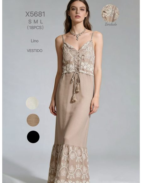 Vestido largo efecto lino bordado y cintura ajustable con borlas