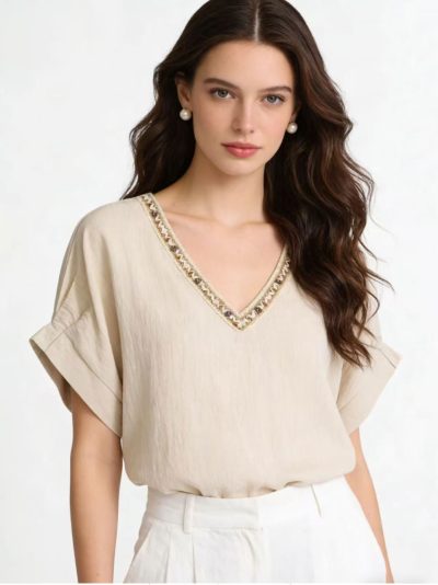 Embroidered v-neck linen effect blouse