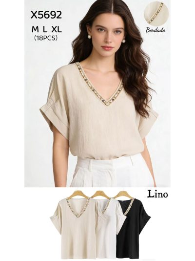 Embroidered v-neck linen effect blouse 2