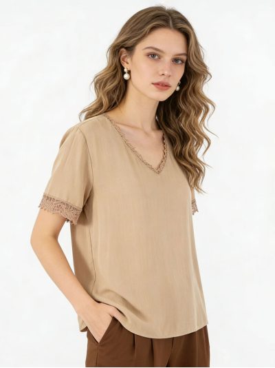 Blusa de algodón ribete de encaje