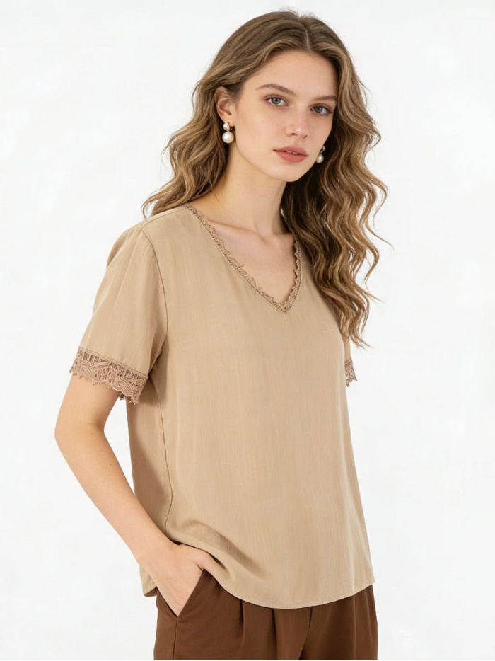 Blusa de algodón ribete de encaje