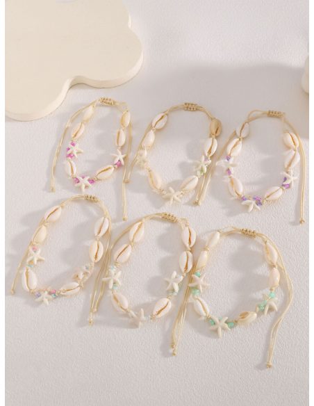Pack 12 tobilleras ajustables conchas efecto naturales y estrella