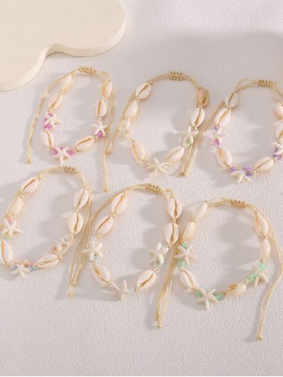 Pack 12 tobilleras ajustables conchas efecto naturales y estrella 2