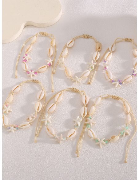 Pack 12 tobilleras ajustables conchas efecto naturales y estrella