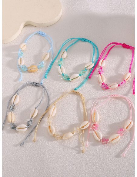 Pack 12 tobilleras ajustables conchas y abalorios