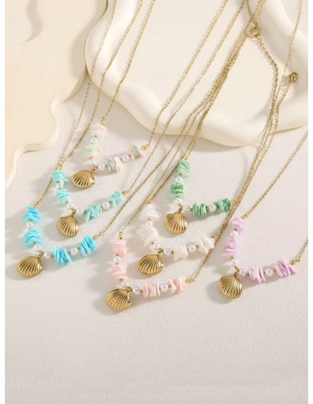 Collar acero con concha dorada y cuentas marinas