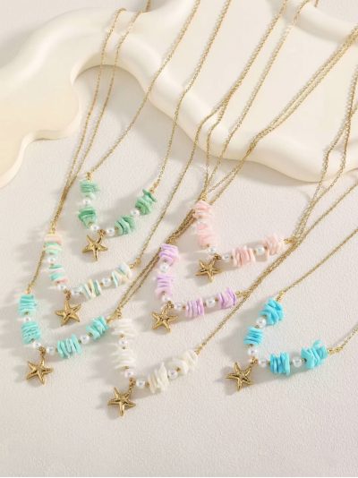 Collar acero con estrella marina y cuentas pastel