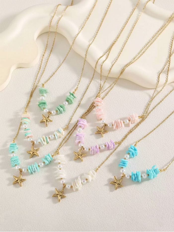 Collar acero con estrella marina y cuentas pastel