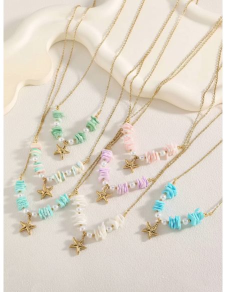 Collar acero con estrella marina y cuentas pastel