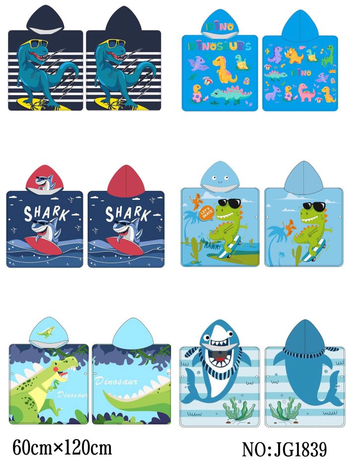 Poncho toalla infantil con capucha estampado dino y tiburón