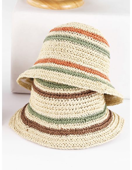 Bast-Bucket-Hat mit Streifen in Erdtönen
