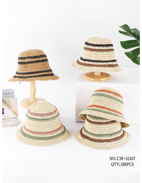 Bast-Bucket-Hat mit Streifen in Erdtönen