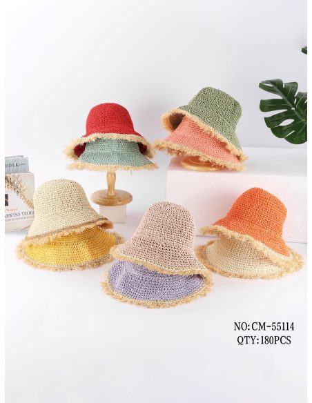 Cappello in rafia bicolore con bordo sfrangiato