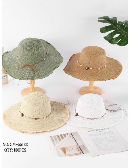 Sombrero de ala ancha con borde desflecado y cuentas