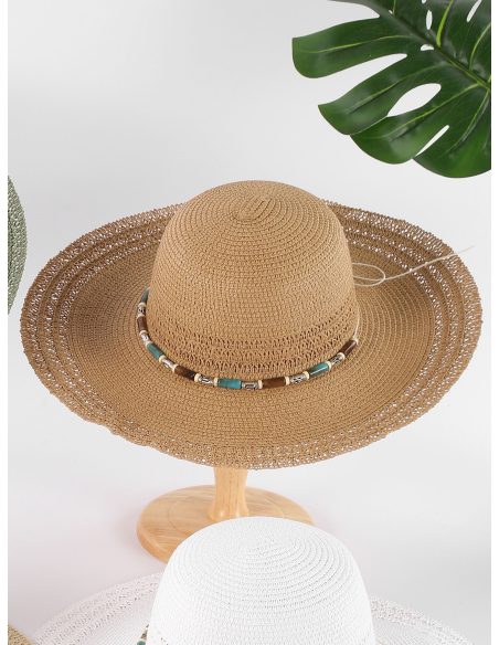 Cappello boho in rafia con cordino di perline