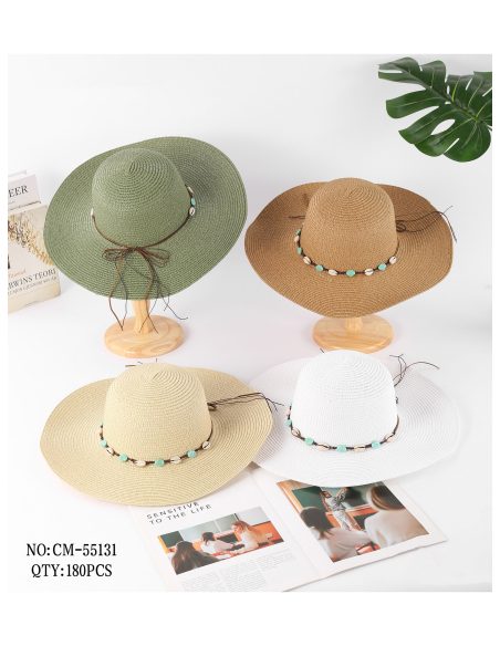 Sombrero de rafia con conchas y cuentas turquesa