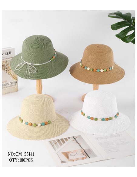 Sombrero de rafia con cordón y cuentas