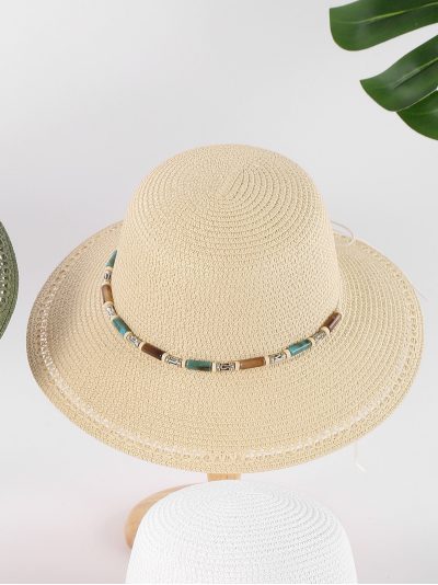 Sombrero de rafia ala calada con cuentas tubulares