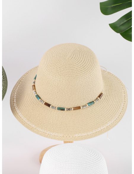 Sombrero de rafia ala calada con cuentas tubulares