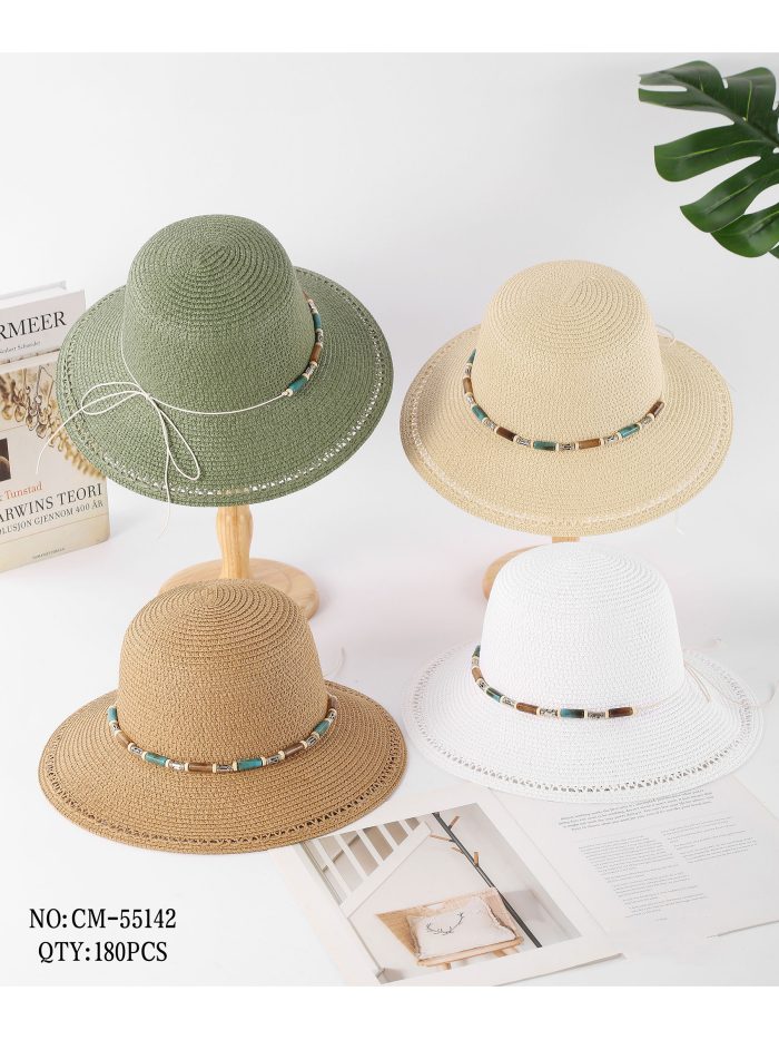 Sombrero de rafia ala calada con cuentas tubulares