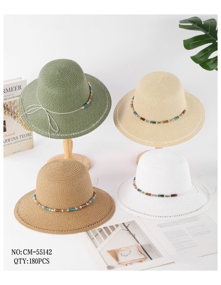 Sombrero de rafia ala calada con cuentas tubulares