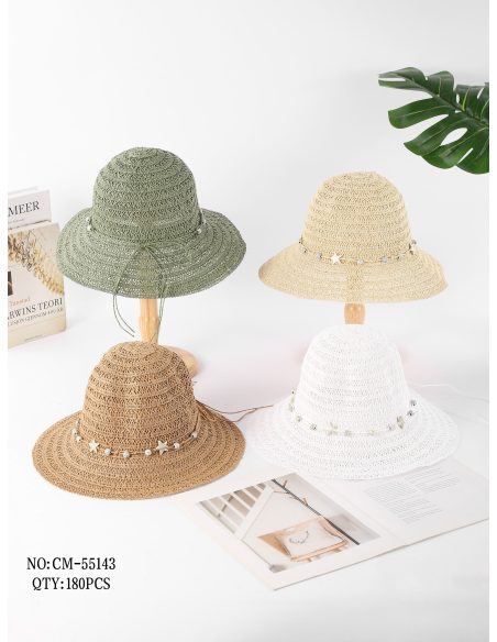 Sombrero de rafia calado con cordón y abalorios de estrellas