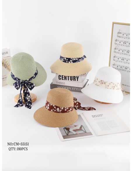 Sombrero de rafia tipo cloche con cinta floral y lazo