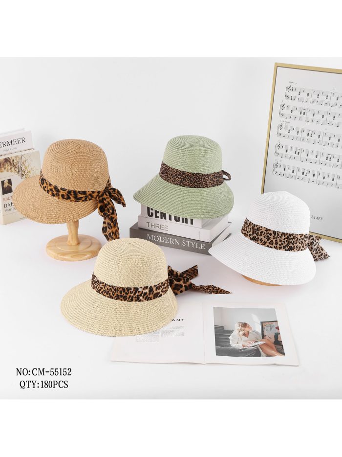 Sombrero de rafia tipo cloche con cinta animal print leopardo