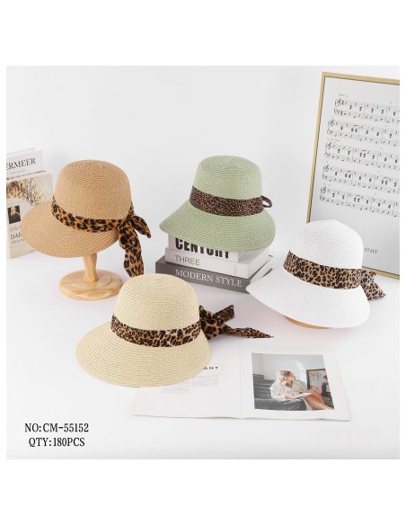 Sombrero de rafia tipo cloche con cinta animal print leopardo
