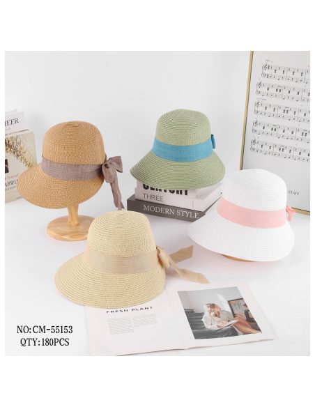 Sombrero de rafia tipo cloche con cinta lisa y lazo