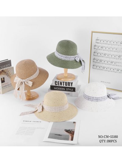 Sombrero de rafia lentejuelas tipo cloche con cinta de cuadros y lazo 2