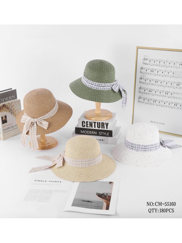 Sombrero de rafia lentejuelas tipo cloche con cinta de cuadros y lazo