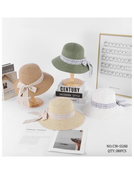 Sombrero de rafia lentejuelas tipo cloche con cinta de cuadros y lazo