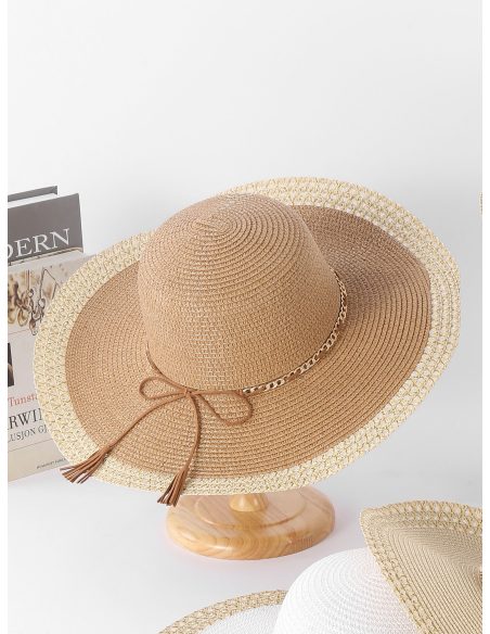 Sombrero de rafia ala ancha bicolor con borde trenzado y cordón de borlas