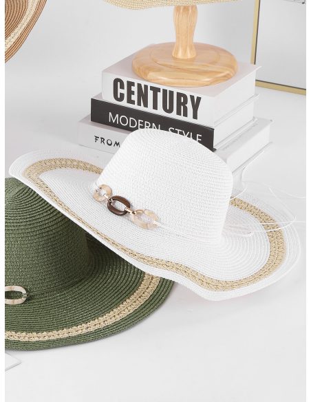 Sombrero de rafia ala ancha bicolor con cadena decorativa