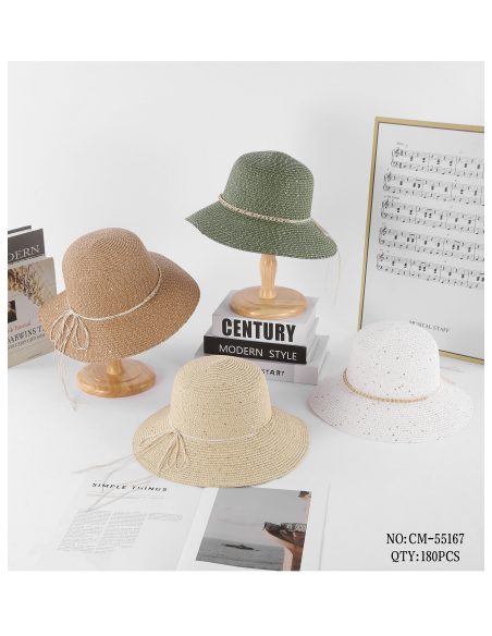 Sombrero de rafia tipo cloche con lentejuelas y cordón