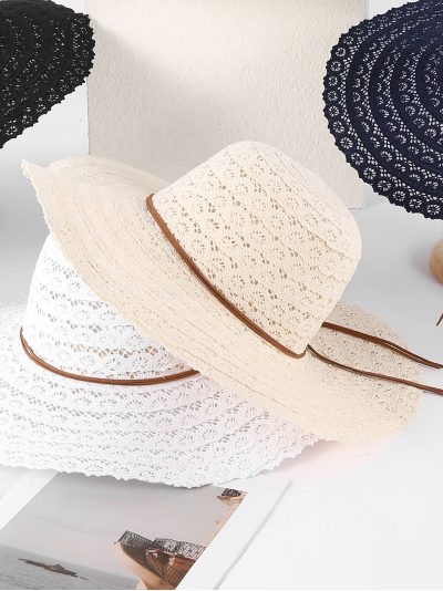 Sombrero de rafia calado de ala ancha con cordón