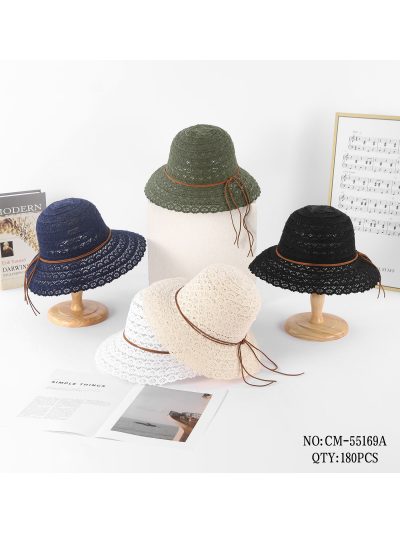 Sombrero de rafia calado con ala ondulada y cordón 2