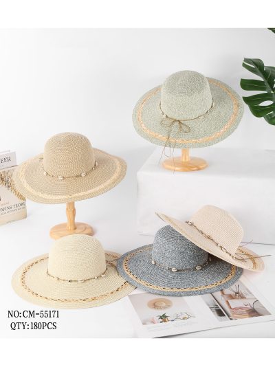 Sombrero de rafia de ala ancha con conchas y borde calado 2