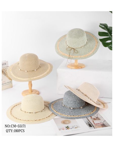 Cappello in rafia a tesa larga con conchiglie e bordo traforato