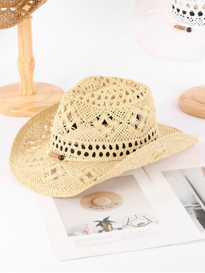 Sombrero de paja estilo cowboy calado con cuentas