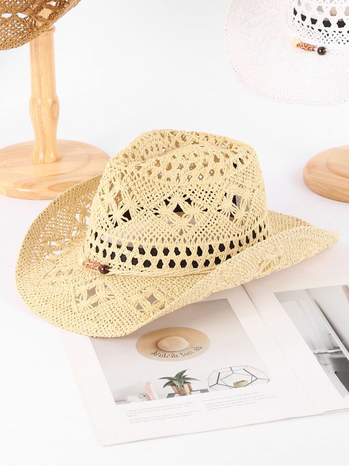 Sombrero de paja estilo cowboy calado con cuentas